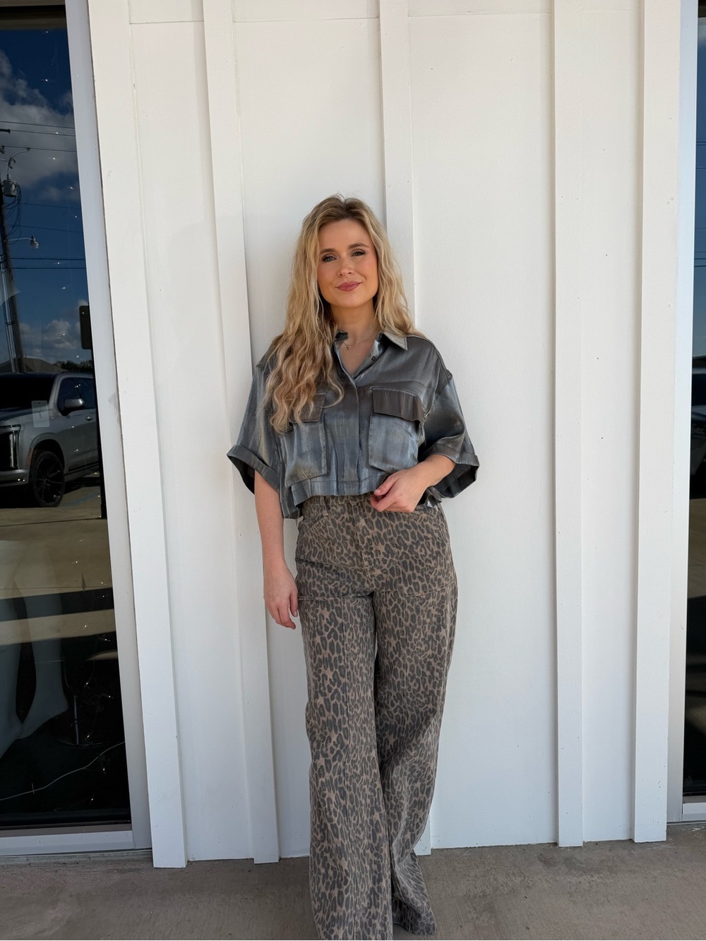 Shimmer Metallic Grey Boxy Button Down Boutique Blouse - Picture 3 of 10